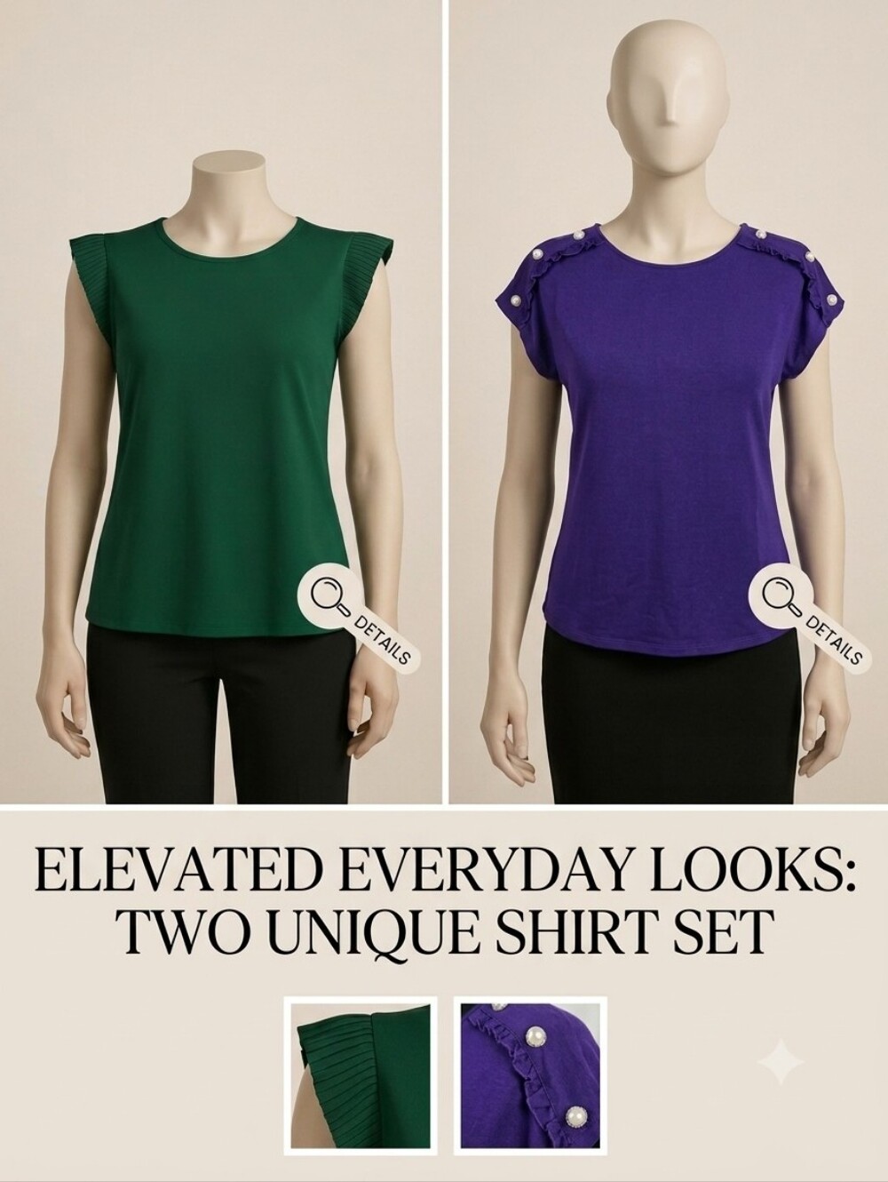 Set of 2 Elevated Tees: Emerald Green Pleated Tank & Purple Pearl-Button Ruffle